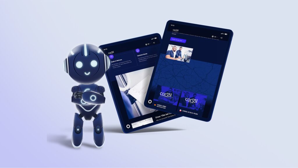 Roboter-Maskottchen mit Tablets der Website eines Automatisierungsunternehmens