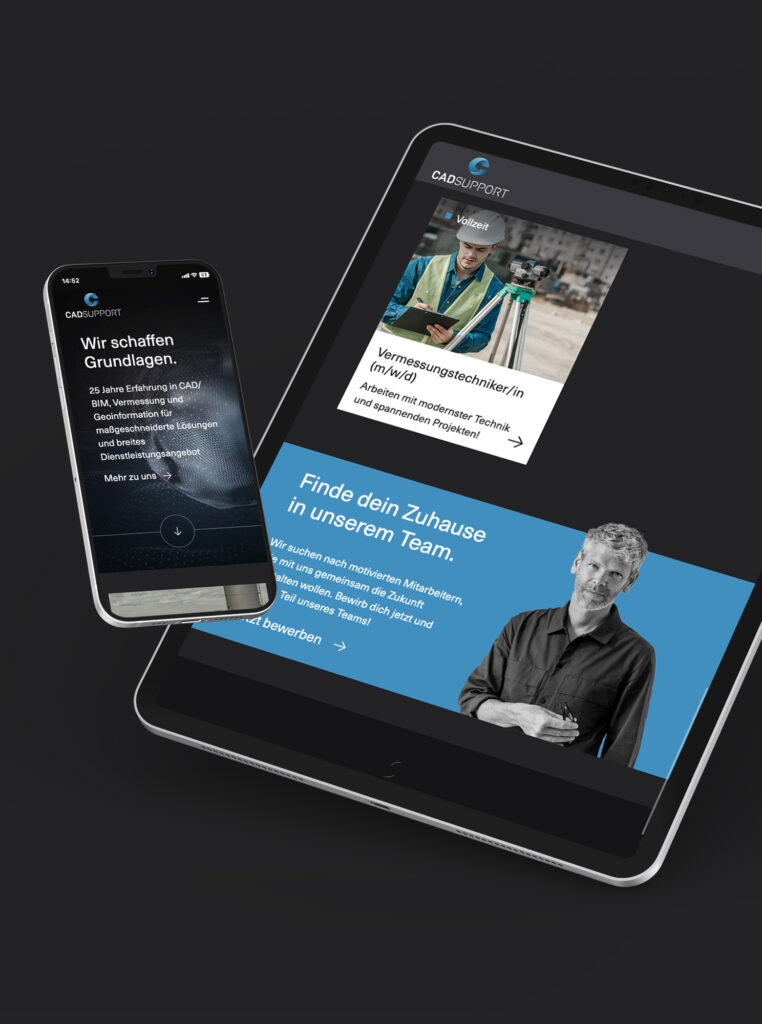 Website eines Vermessungsdienstleisters mit Karrierebereich auf Tablet und Smartphone