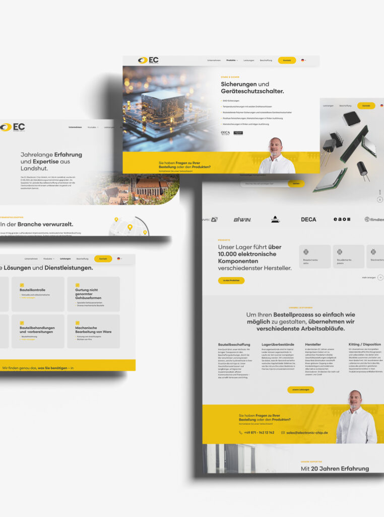 Mehrere Seiten der mehrsprachigen Website eines Elektronikbauteile-Händlers als Collage