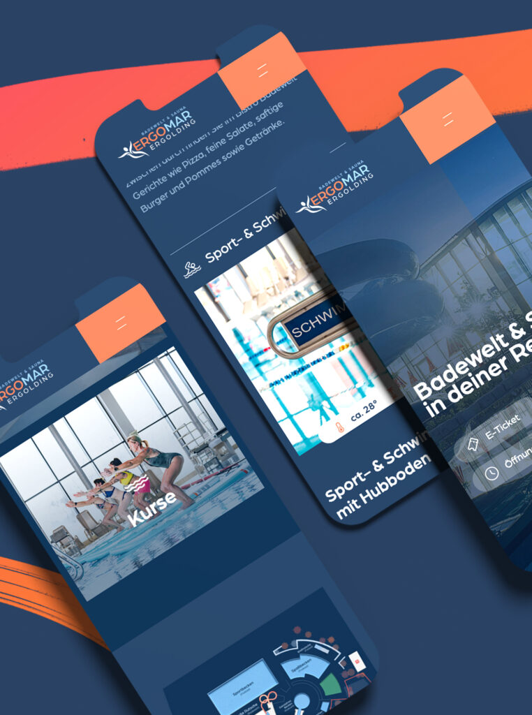 Mobile Unterseiten einer Freizeitbad-Website zu Kursen und Sportbecken auf Smartphones