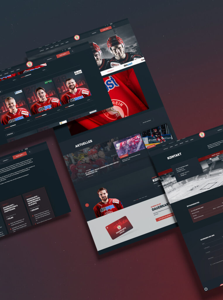 Collage mehrerer Seiten der Website eines Eishockeyclubs auf rotem Hintergrund
