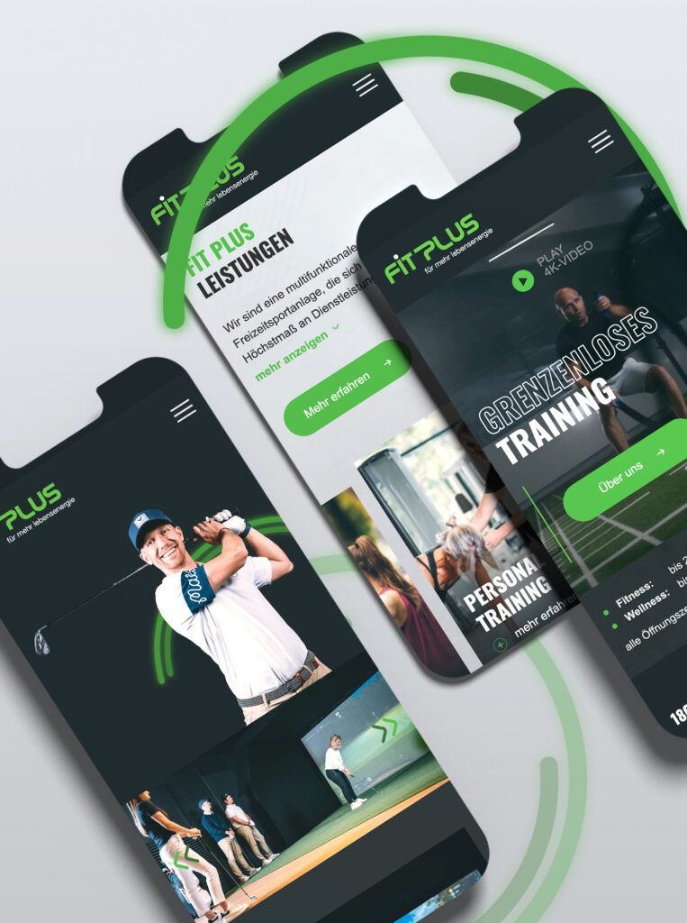 Mobile Ansichten der Website eines Fitnessstudios mit Leistungen und Personal Training