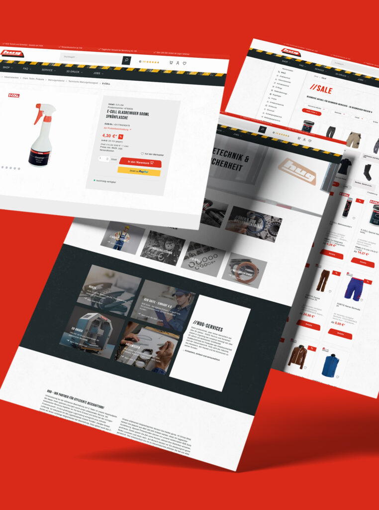 Collage mehrerer Shopseiten eines technischen Großhändlers auf rotem Hintergrund