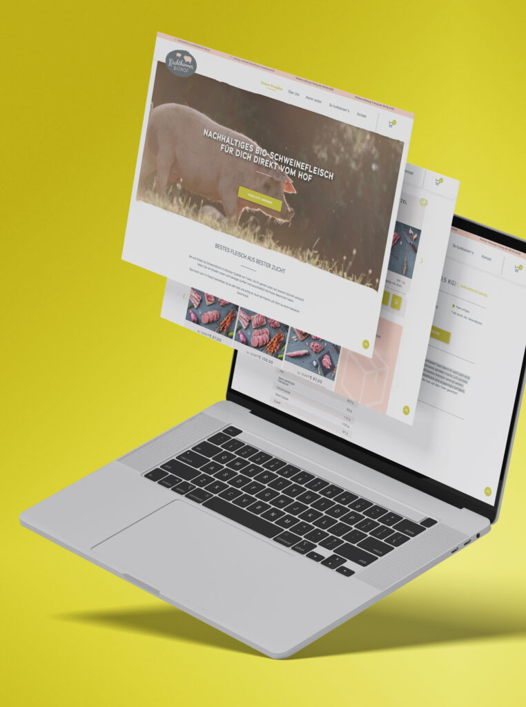 Website eines Biohofs auf Laptop mit schwebenden Unterseiten vor gelbem Hintergrund