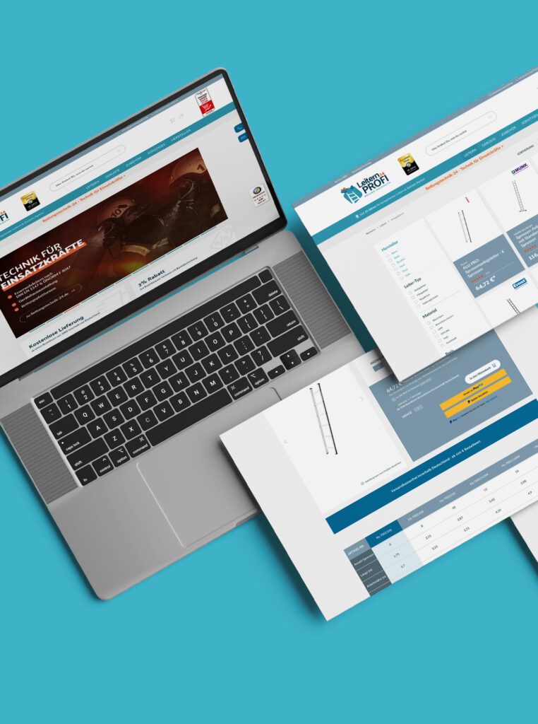 Collage mehrerer Seiten eines Onlineshops für Leitern und Gerüste mit Laptop auf Türkis