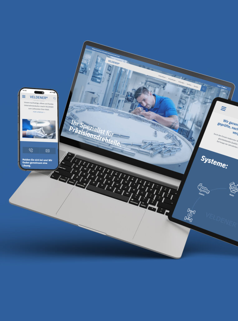 Website eines Herstellers von Präzisionsdrehteilen auf Laptop, Tablet und Smartphone