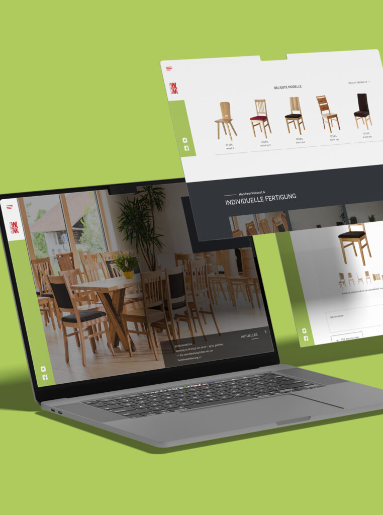 Website eines Sitzmöbelherstellers auf Laptop und als schwebende Seiten vor Grün