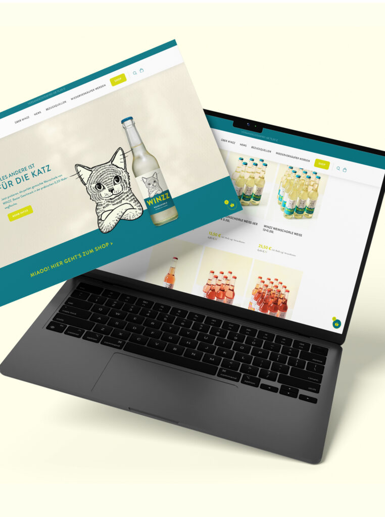 Startseite und Produktübersicht eines Weinschorlen-Onlineshops auf einem Laptop