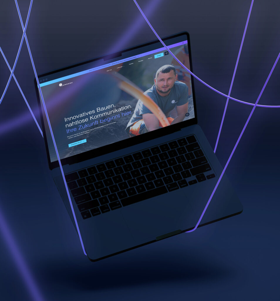 Website eines Bauunternehmens auf einem Laptop vor dunkelblauem Hintergrund