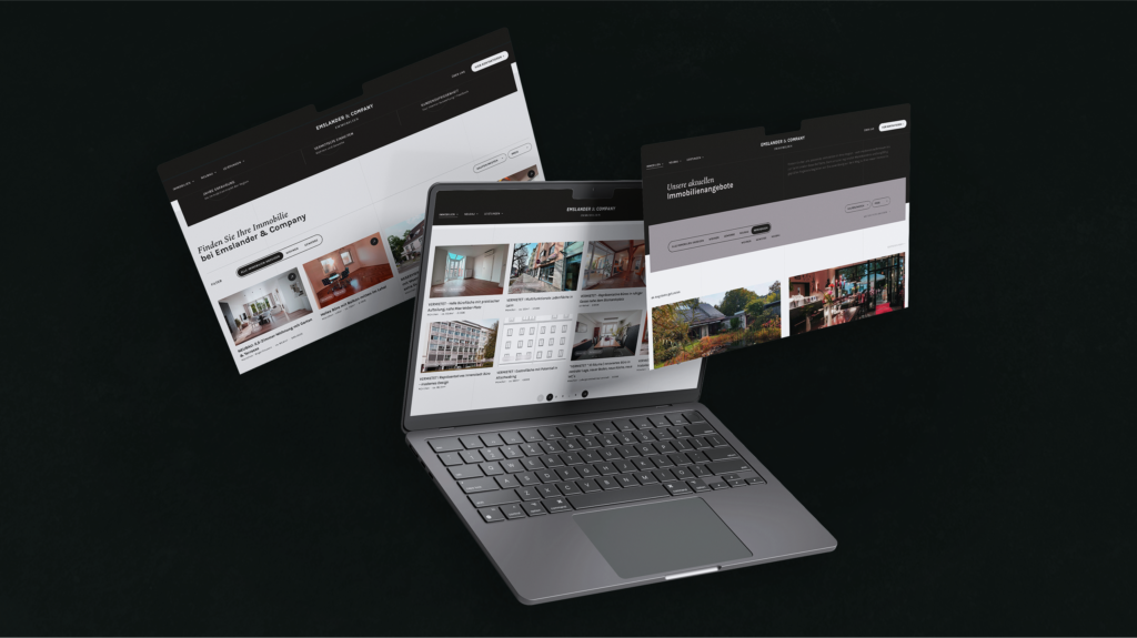 Website eines Immobilienmaklers auf einem Laptop mit schwebenden Unterseiten