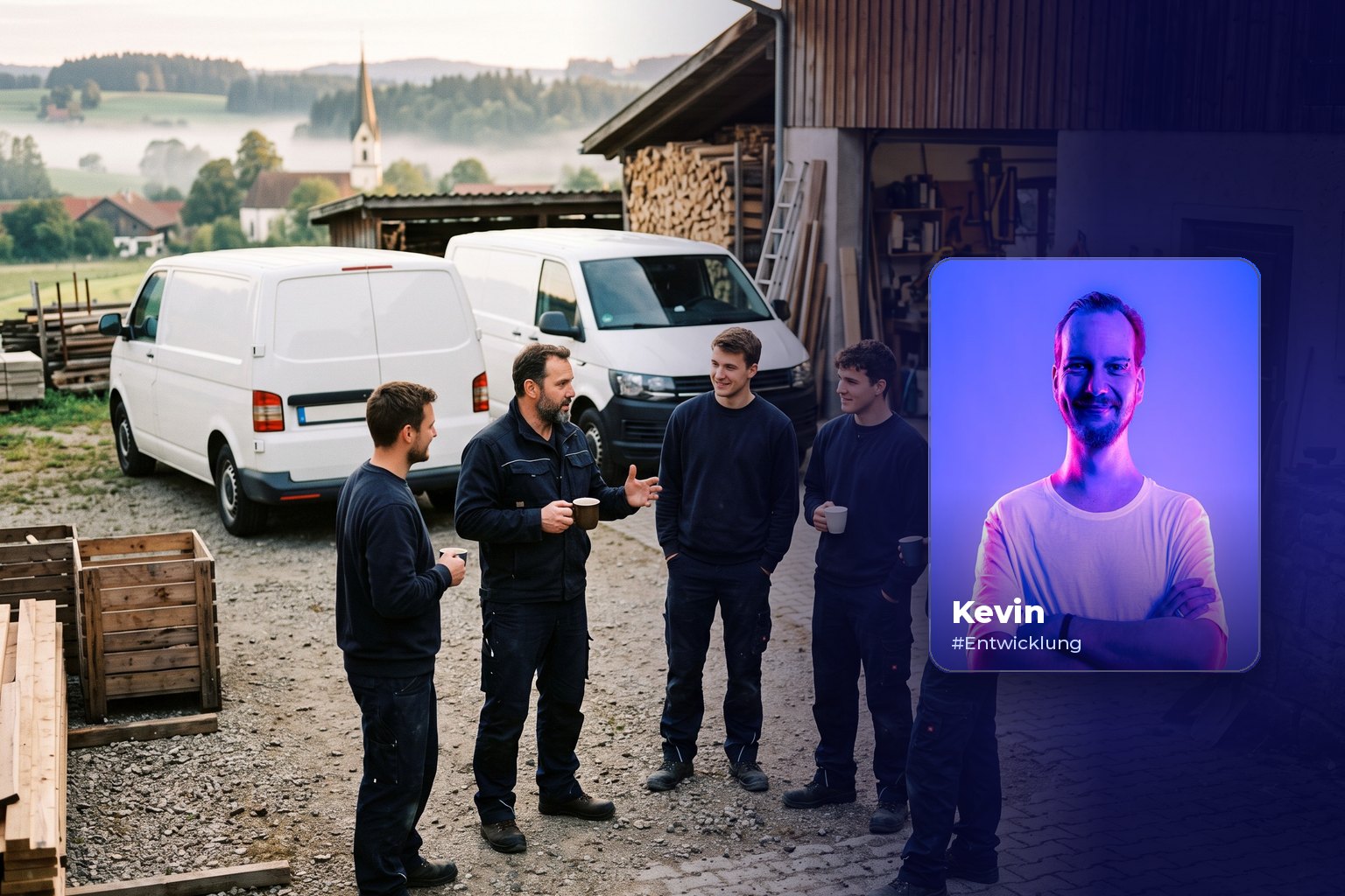 B2B-Shop für Hersteller und Großhandel: Wann er sich rechnet und was er können muss Team im Gespräch vor Lieferwagen auf dem Betriebshof, daneben Porträt von Kevin aus dem BLUE THE WEB Team