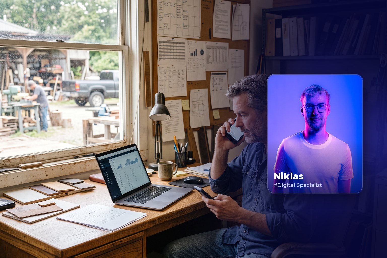 Core Web Vitals verständlich erklärt: Warum langsame Seiten Kunden kosten Menschen im Gespräch bei der Arbeit, daneben Porträt von Niklas aus dem BLUE THE WEB Team