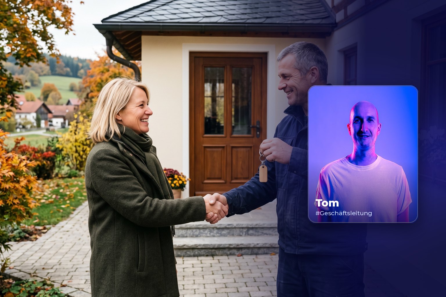 Digitalbonus Bayern 2026: Was gefördert wird, wie hoch der Zuschuss ist und wie der Antrag abläuft Menschen im Gespräch, daneben Porträt von Tom aus dem BLUE THE WEB Team