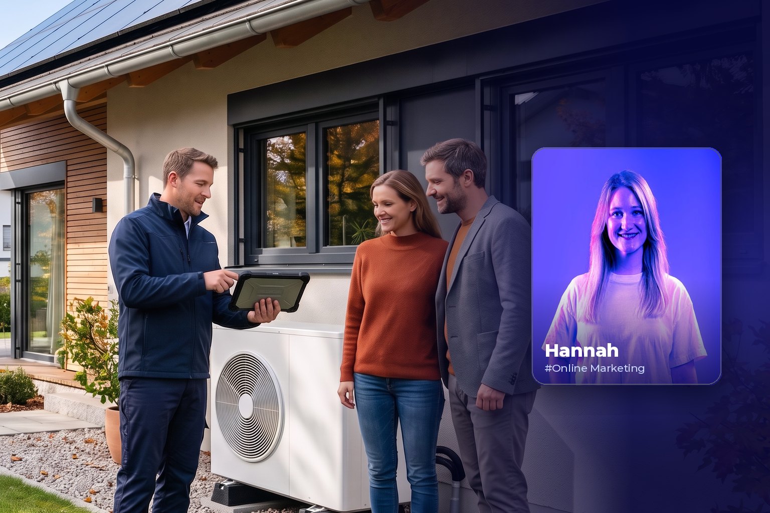 Website, Shop oder Software mit dem Digitalbonus: So planen Sie Ihr Projekt förderfähig Menschen im Gespräch, daneben Porträt von Hannah aus dem BLUE THE WEB Team