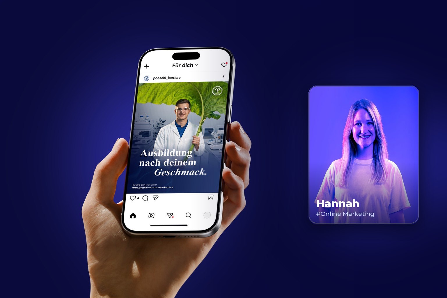 Instagram-Anzeige auf einem Smartphone, daneben Porträt von Hannah aus dem BLUE THE WEB Team