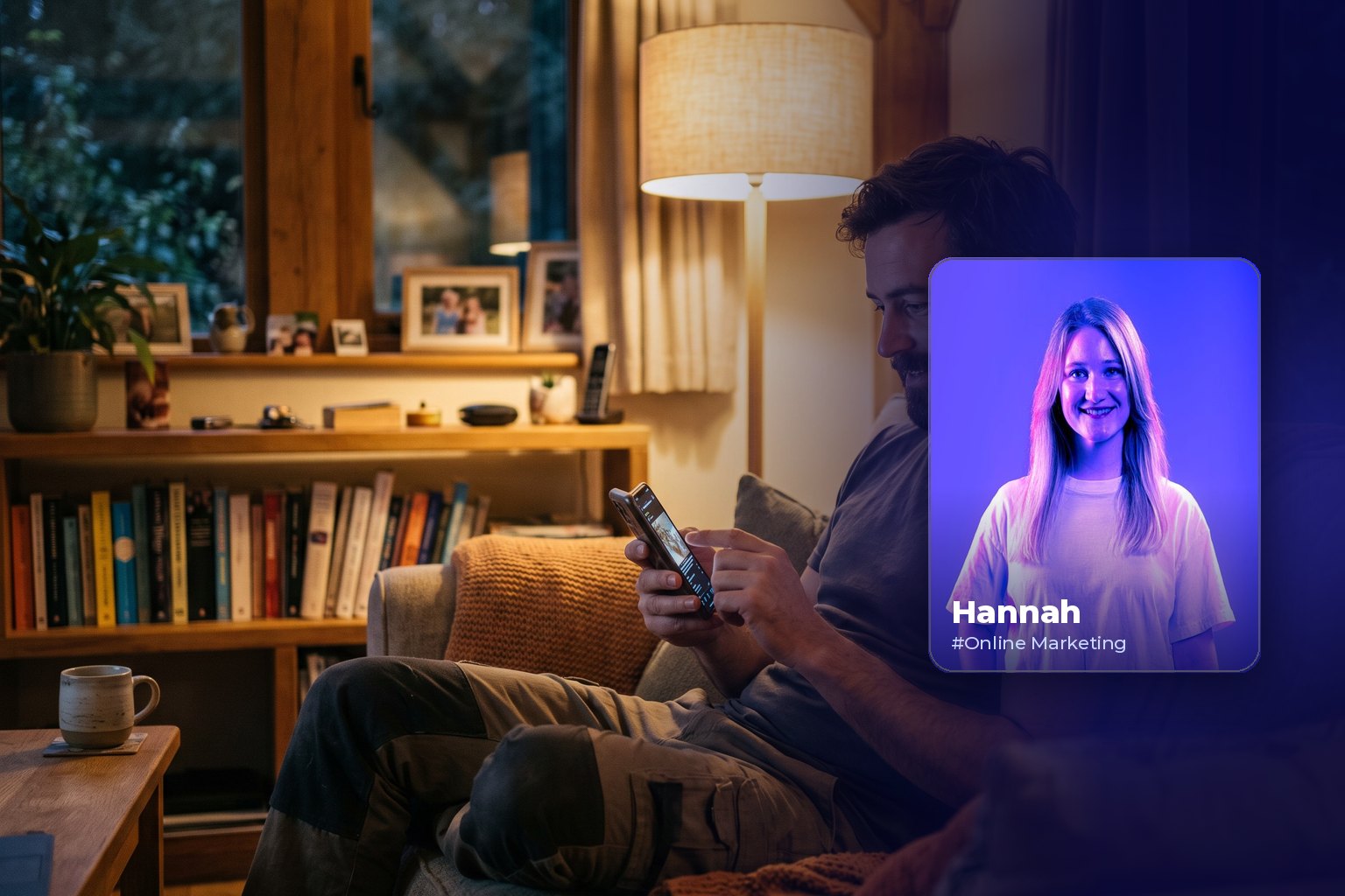 Landingpage erstellen: So ist eine Seite aufgebaut, die Anfragen bringt Menschen im Gespräch bei der Arbeit, daneben Porträt von Hannah aus dem BLUE THE WEB Team