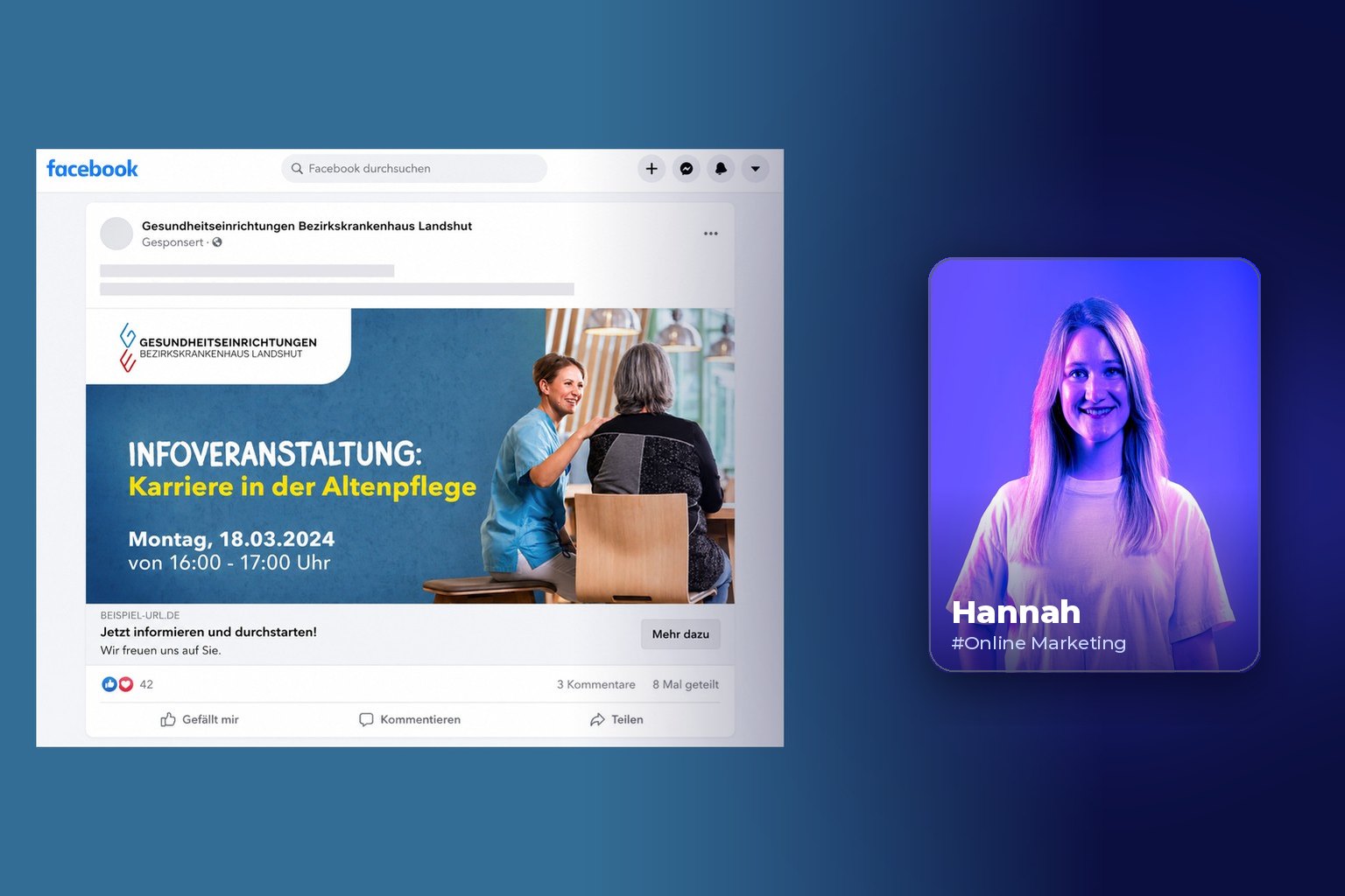 Facebook-Anzeige im Feed, daneben Porträt von Hannah aus dem BLUE THE WEB Team