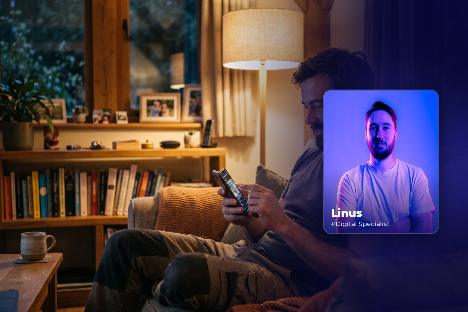 Onlineshop erstellen lassen: Was ein Shop wirklich kostet Mann beim Einkaufen mit dem Smartphone auf dem Sofa, daneben Porträt von Linus aus dem BLUE THE WEB Team