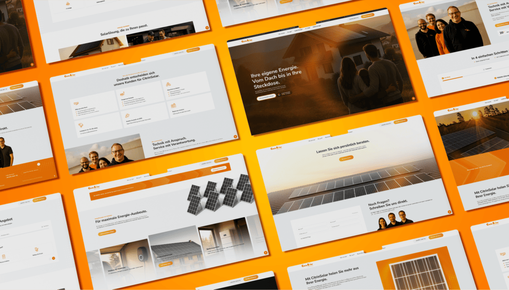 Schwebende Abschnitte der Kampagnen-Landingpage eines Photovoltaik-Anbieters auf Orange