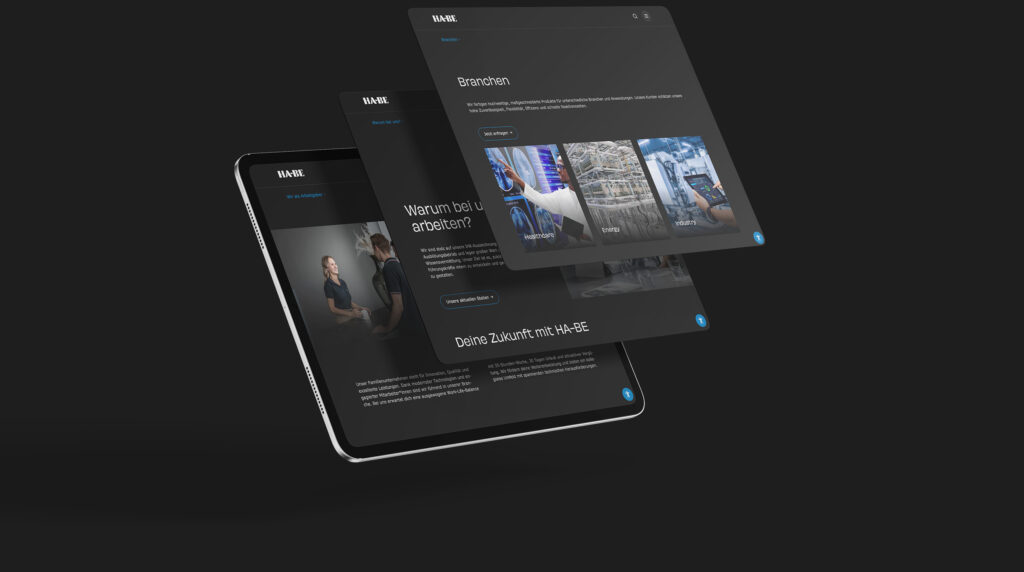 Karriere- und Branchenseiten der Website eines Anbieters von Förder- und Aufbereitungstechnik auf einem Tablet