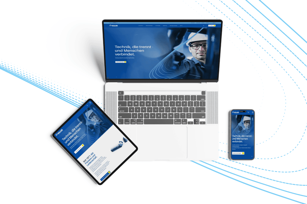 Website eines Zentrifugenherstellers auf Laptop, Tablet und Smartphone