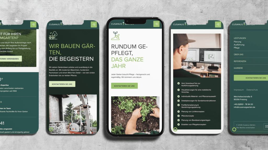 Mobile Unterseiten zu Gartenbau und Gartenpflege auf fünf Smartphones