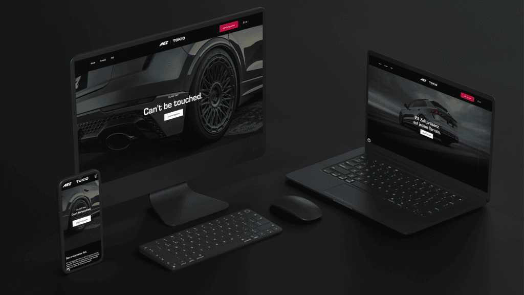 Landingpage für ein Felgenmodell auf Monitor, Laptop und Smartphone vor Schwarz