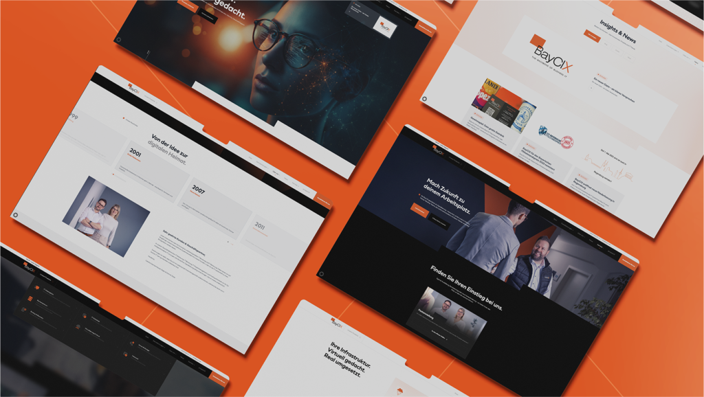 Schwebende Unterseiten der Website eines IT-Systemhauses auf orangem Hintergrund