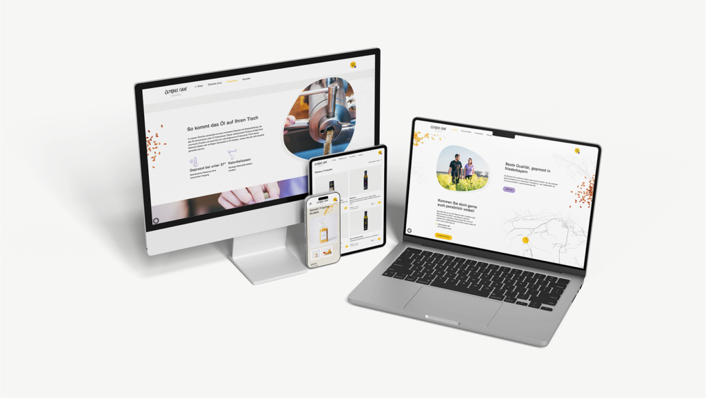 Onlineshop einer Ölmühle auf Monitor, Laptop, Tablet und Smartphone