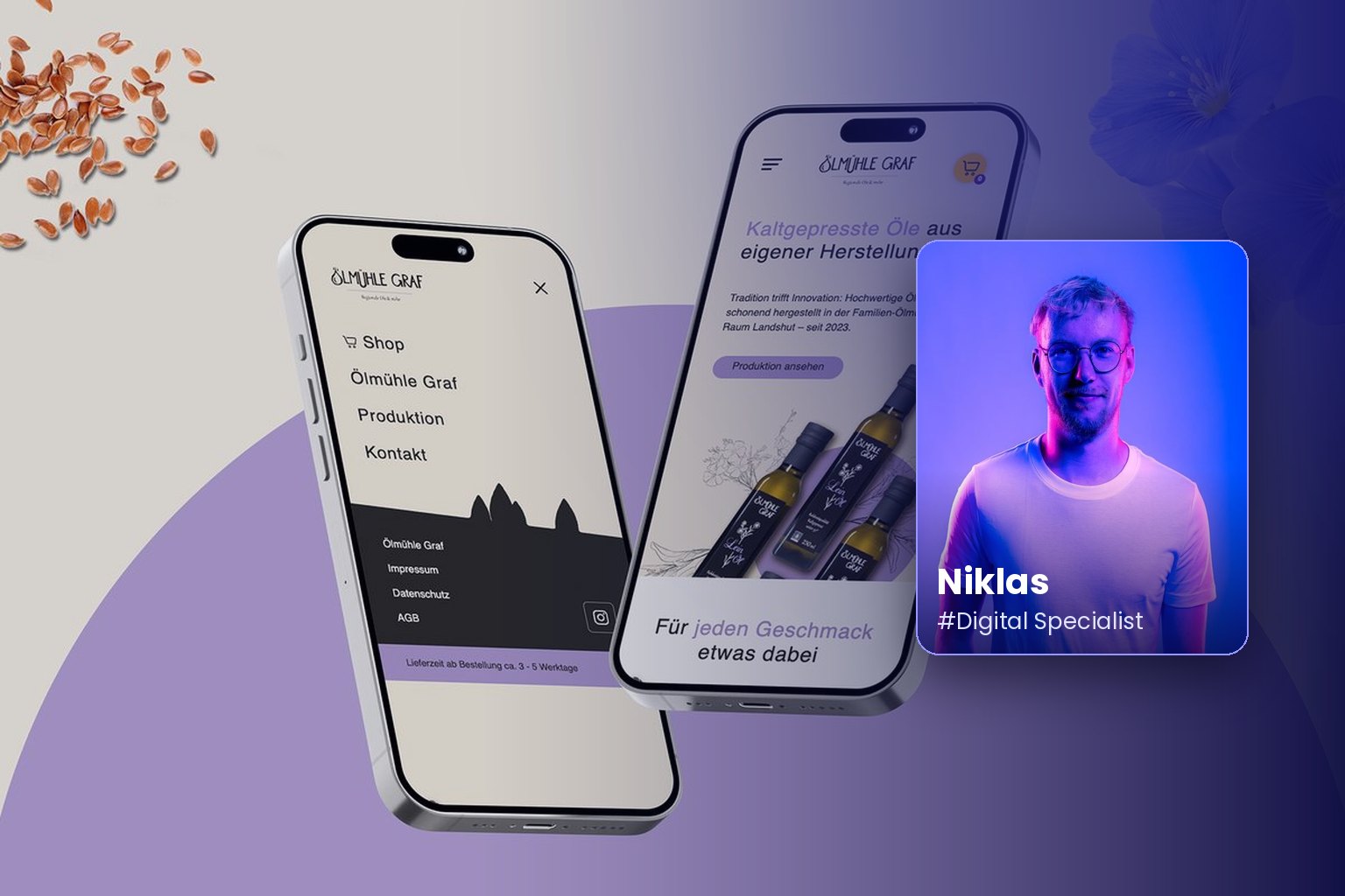 Onlineshop für regionale Lebensmittel auf zwei Smartphones, daneben Porträt von Niklas aus dem BLUE THE WEB Team