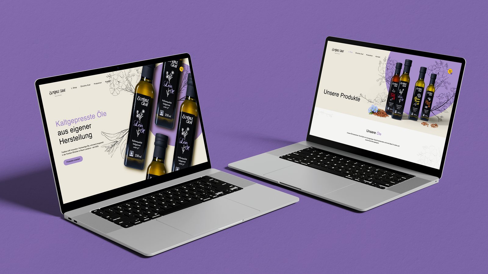 Onlineshop für eine Ölmühle auf zwei Laptops