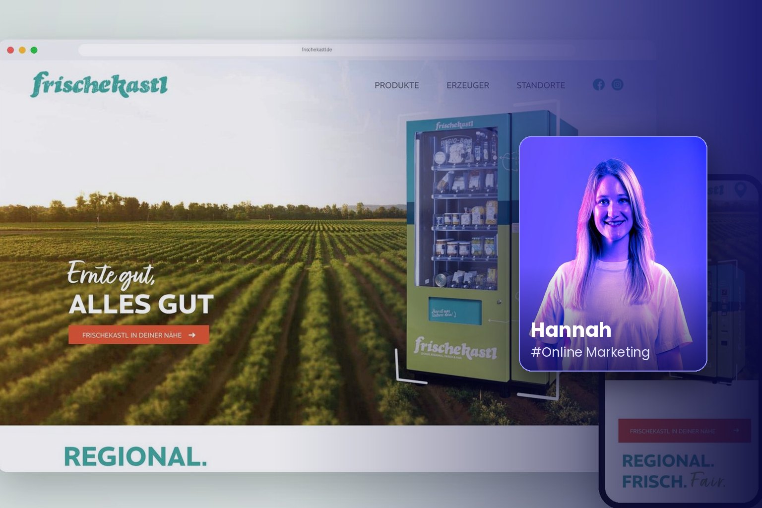 Website für Hofladen-Automaten auf Laptop und Smartphone, daneben Porträt von Hannah aus dem BLUE THE WEB Team
