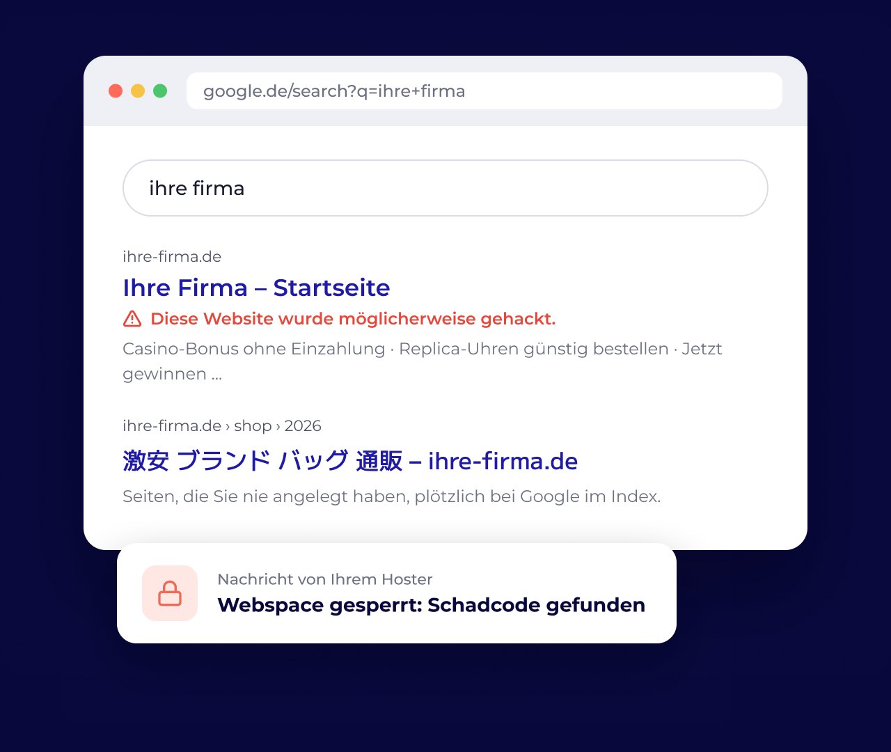 Suchergebnis mit dem Hinweis „Diese Website wurde möglicherweise gehackt“ und Hoster-Meldung über gesperrten Webspace